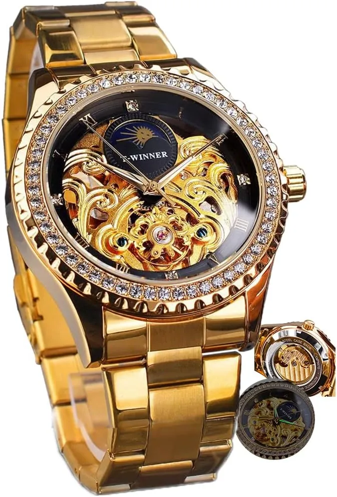 Gold Skeleton Watch for Men Mechanical Mens Watches Diamond Bezel Design Luxury Automatic Wristwatches Steel Strap