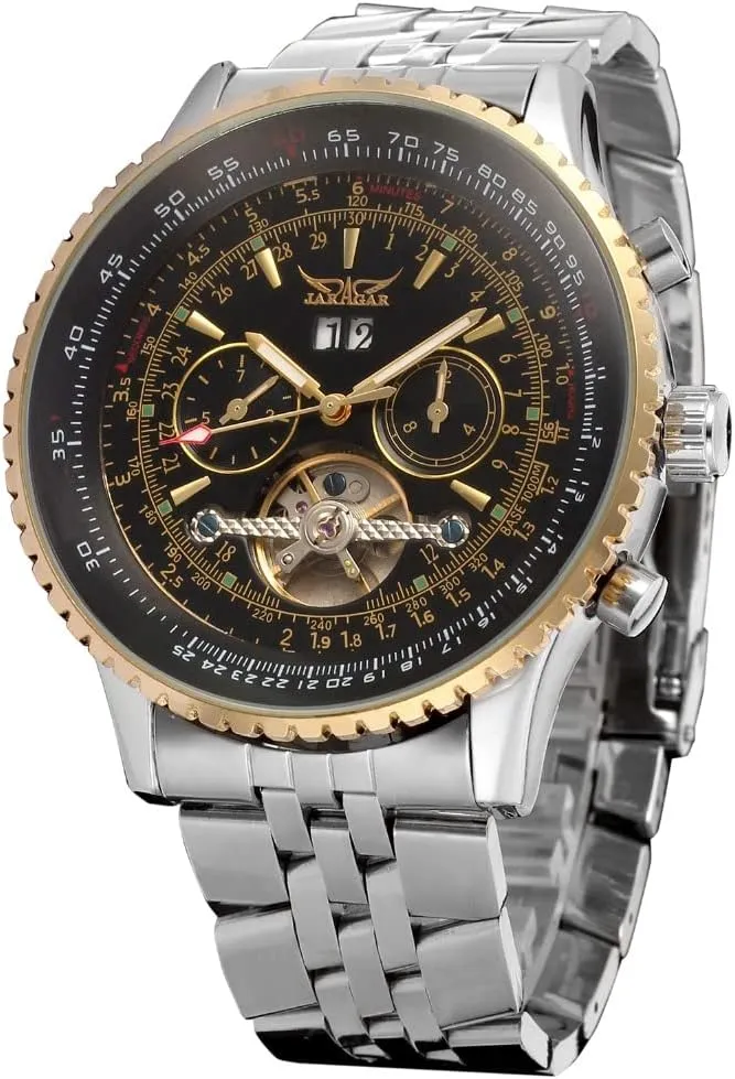 Golden Bezel Big Dial Tourbillon Design Mens Watches Brand Luxury Stainless Steel Automatic Mechanical Wrist Watch with Calendar