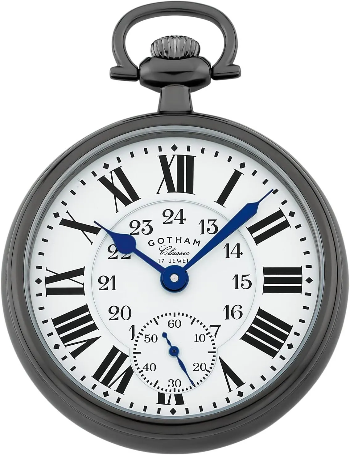 Gotham Classic Series Gunmetal Plated Stainless Steel Open Face 17 Jewel Mechanical Hand Wind Pocket Watch # GWC14112B