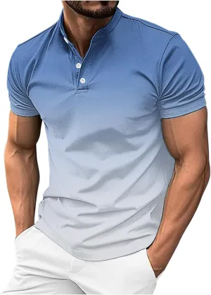 Gradient Color Business Henley Shirts for Men Slim Fit Short Sleeve Stretch Tee Tops Button Down Summer Blouse