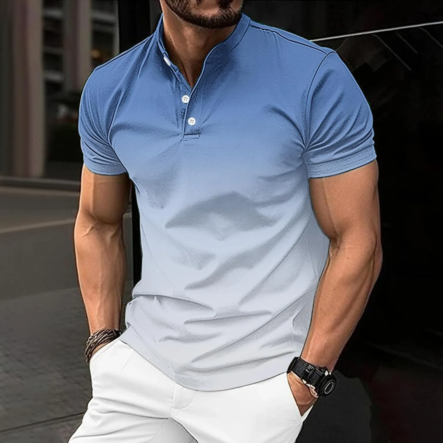 Gradient Color Business Henley Shirts for Men Slim Fit Short Sleeve Stretch Tee Tops Button Down Summer Blouse