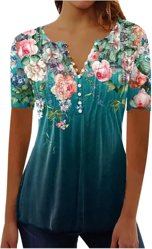 Graphic Tees for Women 2024 Trendy Short Sleeve Empire Waist Button Shirts Summer Casual Floral Print Bohemian Blouse