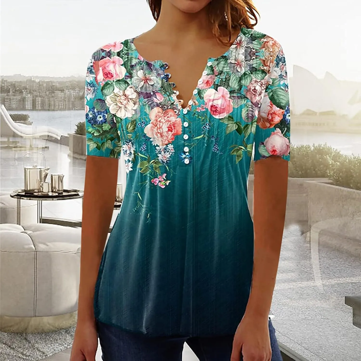Graphic Tees for Women 2024 Trendy Short Sleeve Empire Waist Button Shirts Summer Casual Floral Print Bohemian Blouse
