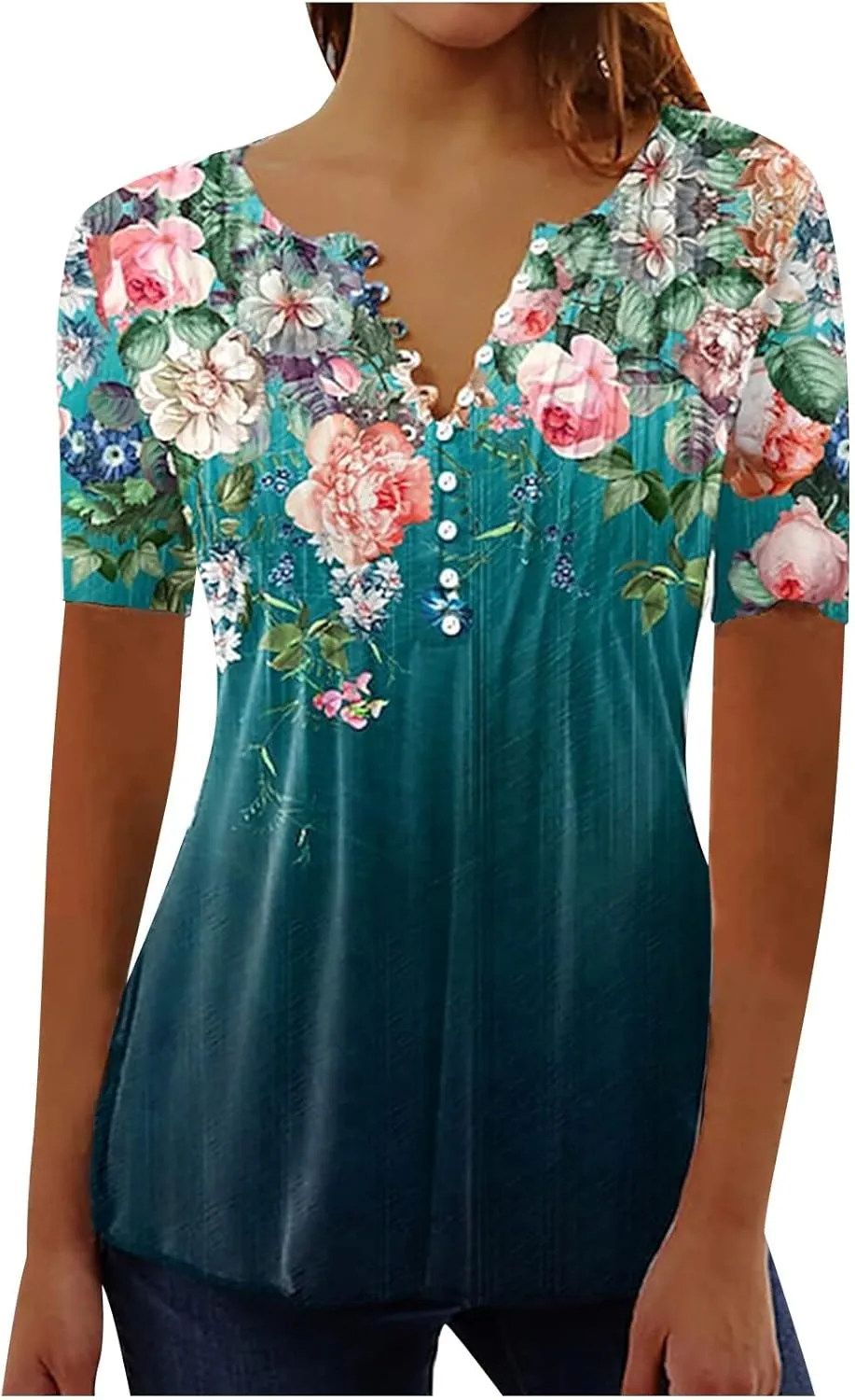 Graphic Tees for Women 2024 Trendy Short Sleeve Empire Waist Button Shirts Summer Casual Floral Print Bohemian Blouse