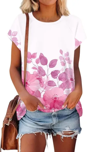 Graphic Tees for Women Vintage Round Neck Tops Casual Loose Fit Short Sleeve Shirts Summer Floral Cute T Shirts 2025