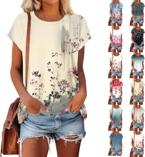 Graphic Tees for Women Vintage Round Neck Tops Casual Loose Fit Short Sleeve Shirts Summer Floral Cute T Shirts 2025
