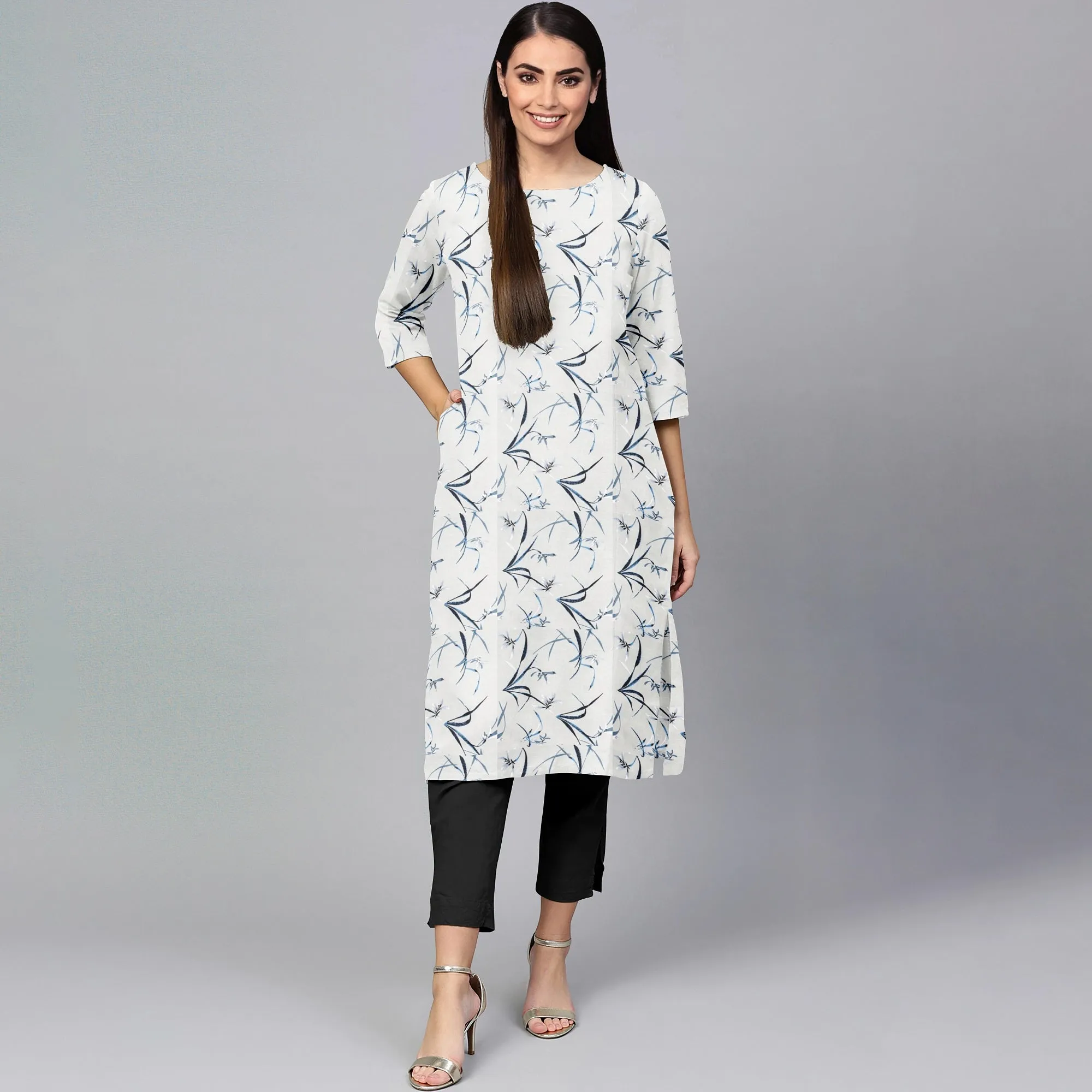 Grey Floral Print Cotton Fabric