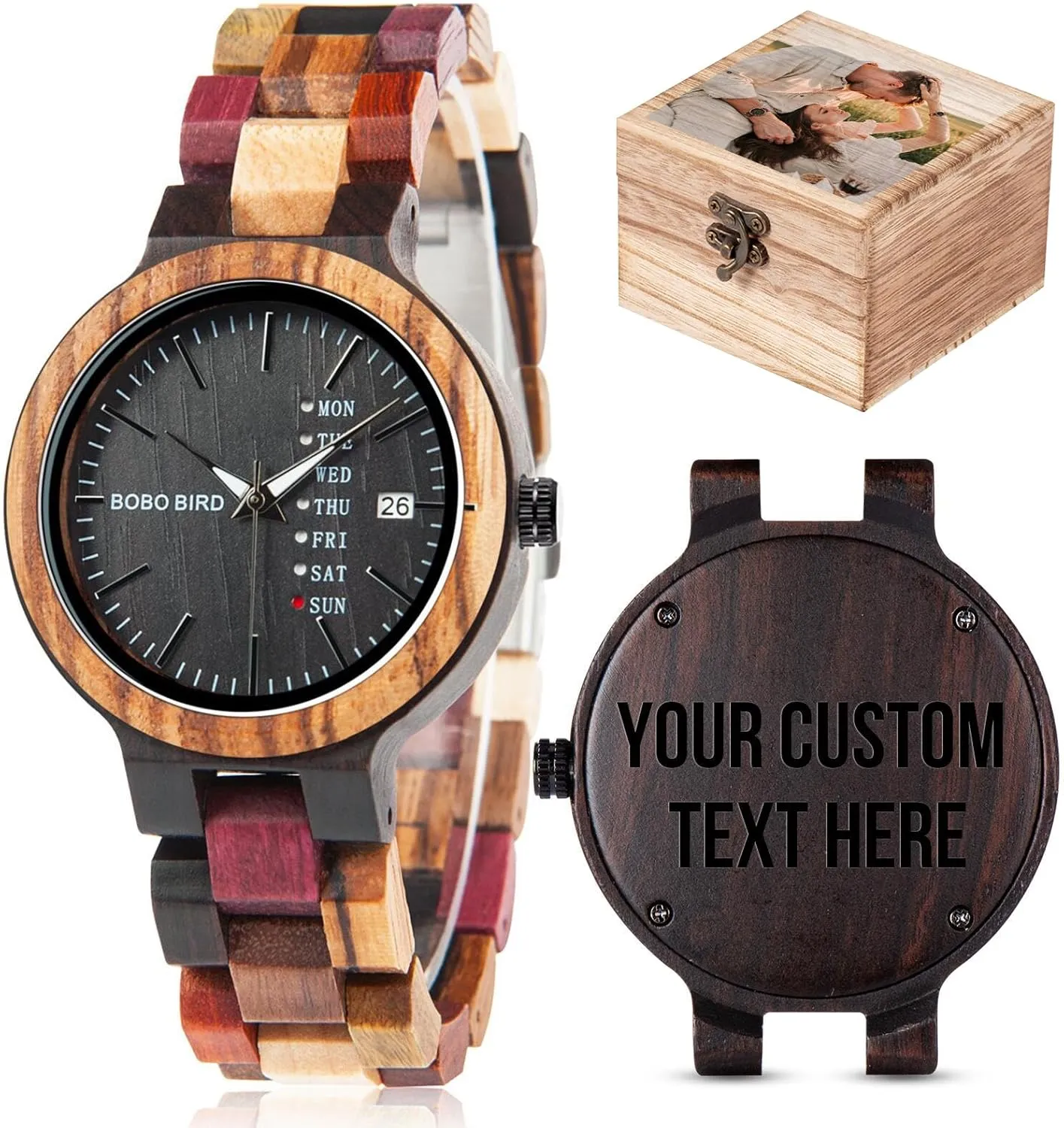 GUANKE Women's Wooden Colorful Bamboo Watches for Men & Women with Week Date Display - Handmade Natural Wood Casual Wrist Watches