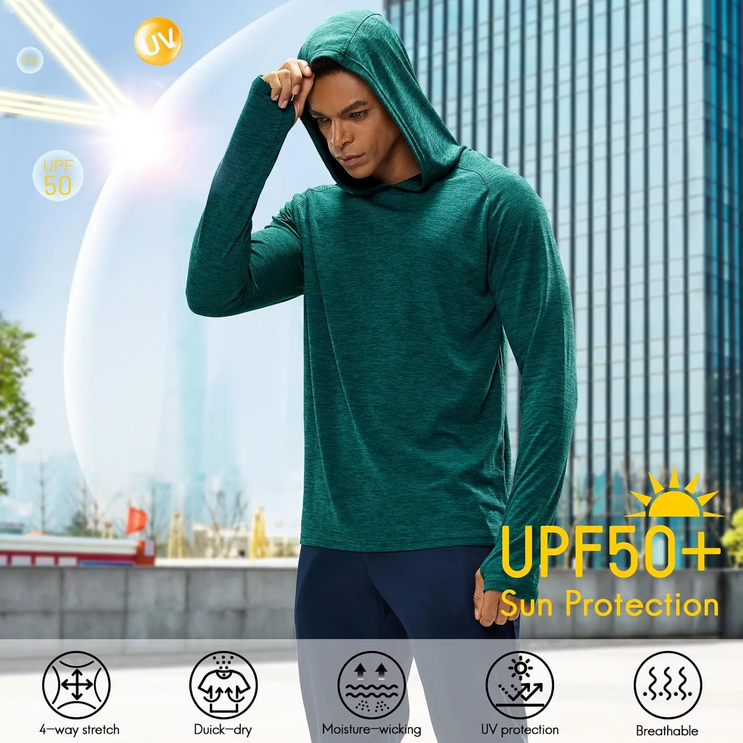 Haimont Men's Sun Hoodie Long Sleeve UPF 50  UV Protection Fishing Shirt Lightweight Quick Dry Athletic with Thumbholes