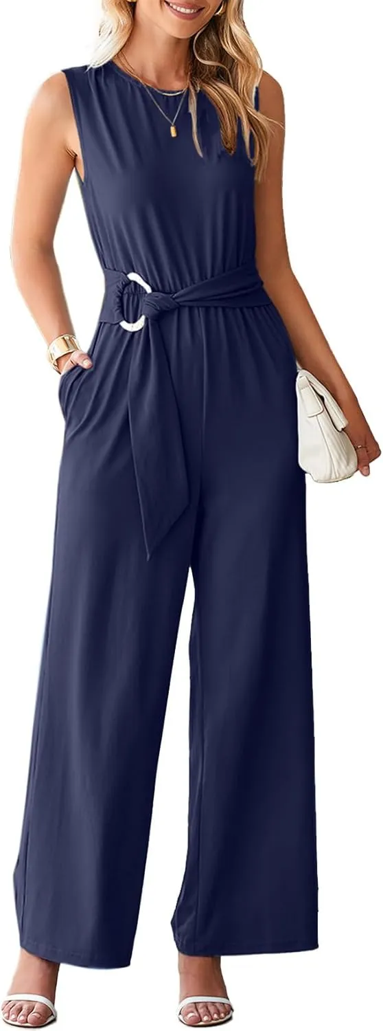 Happy Sailed Womens Jumpsuits Dressy Summer Sleeveless High Waist Belt Wide Leg Pants Romper Jumpsuit with Pockets