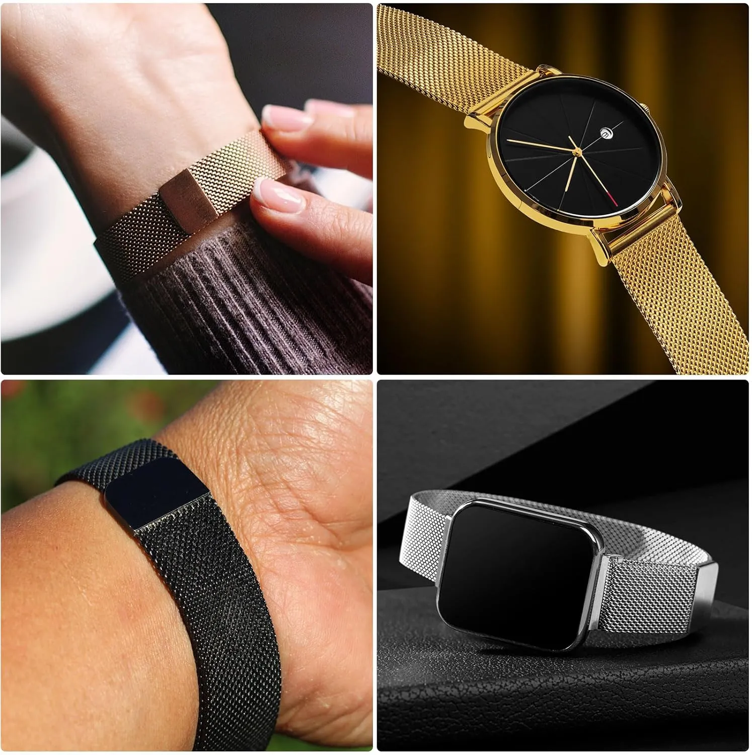 HARFINGTON Stainless Steel Mesh Watch Band Quick Release Adjustable Strap Magnetic Buckle for Men Women