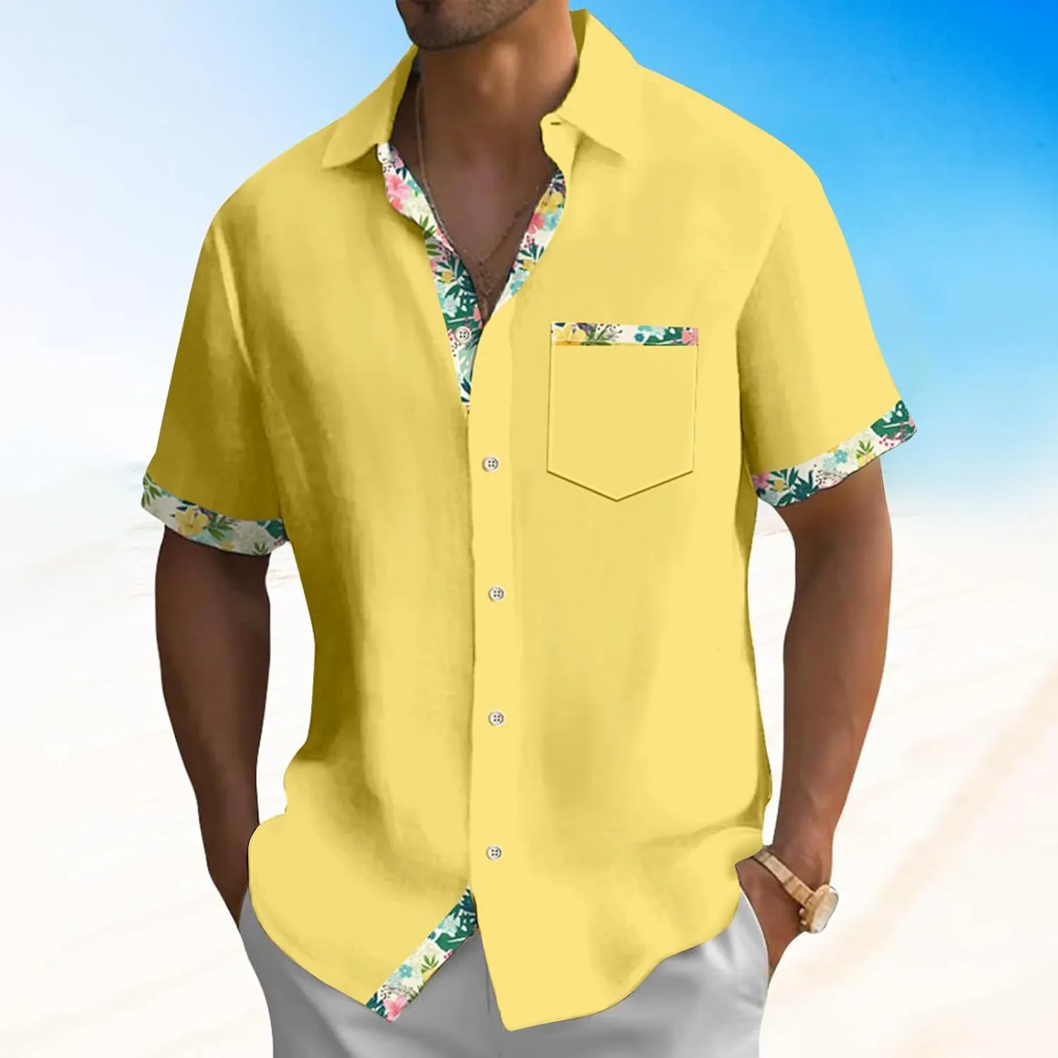 Hawaiian Shirt for Men Stretch V Neck Aloha Shirts Button Down Short Sleeve Blouse Tropical Blouses with Pocket