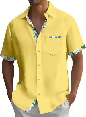 Hawaiian Shirt for Men Stretch V Neck Aloha Shirts Button Down Short Sleeve Blouse Tropical Blouses with Pocket
