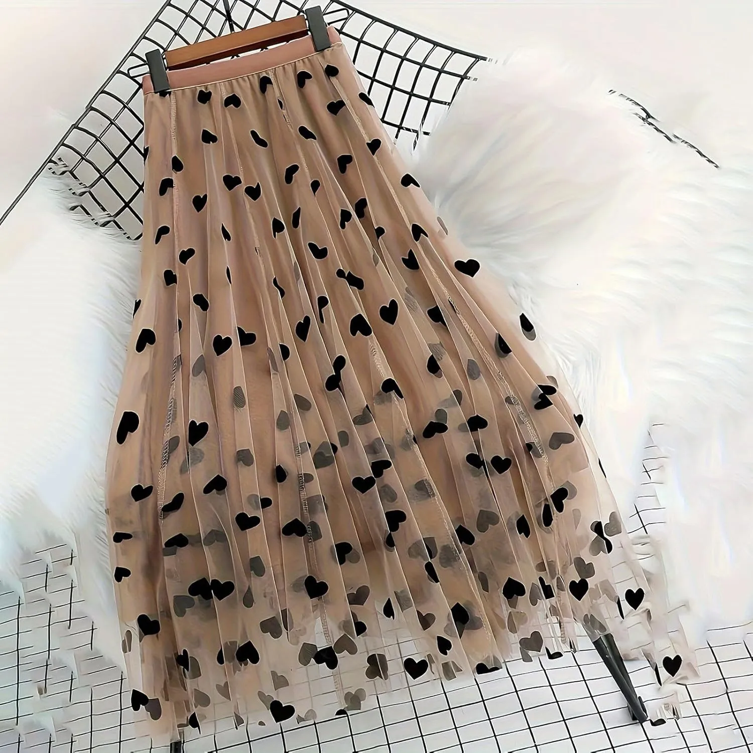 Heart Print Tulle Skirts for Women Pleated Layered Tutu Skirt Ladies Elegant Flowy Skirt Bridesmaid Wedding Midi Skirt