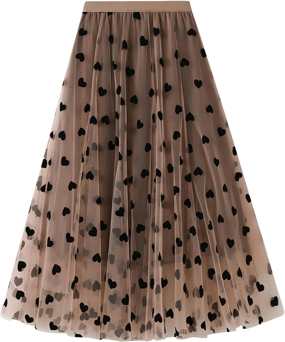 Heart Print Tulle Skirts for Women Pleated Layered Tutu Skirt Ladies Elegant Flowy Skirt Bridesmaid Wedding Midi Skirt