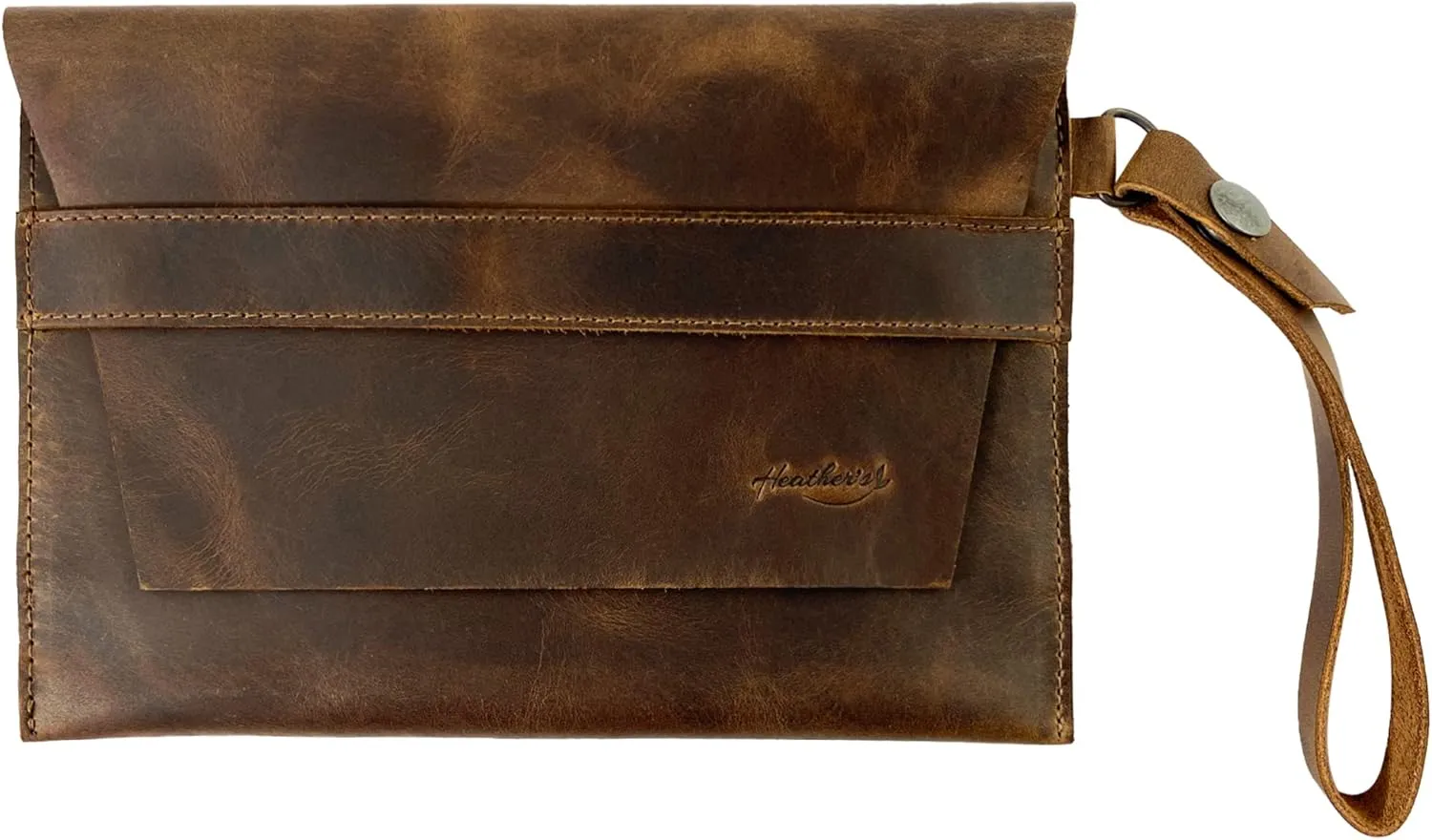 Heather's, Vintage Clutch Bag Handmade from Full Grain Leather - Wrist Wallet for Cards, Money and Coins - Bourbon Brown
