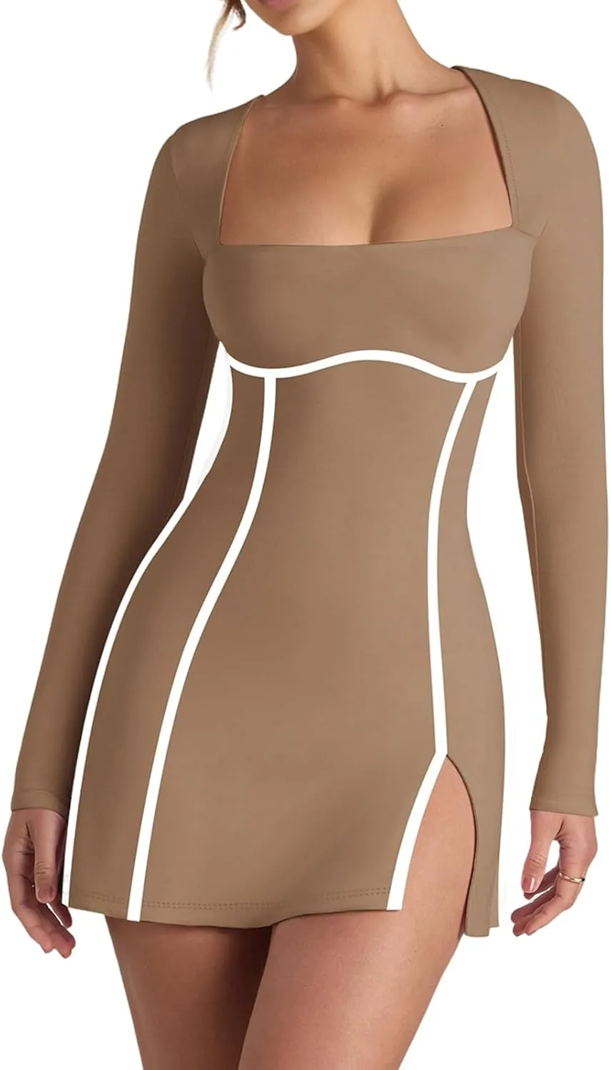 HESUUIO Women's Sexy Long Sleeve Mini Dress Square Neck Bodycon Side Slit A Line Party Club Short Dresses
