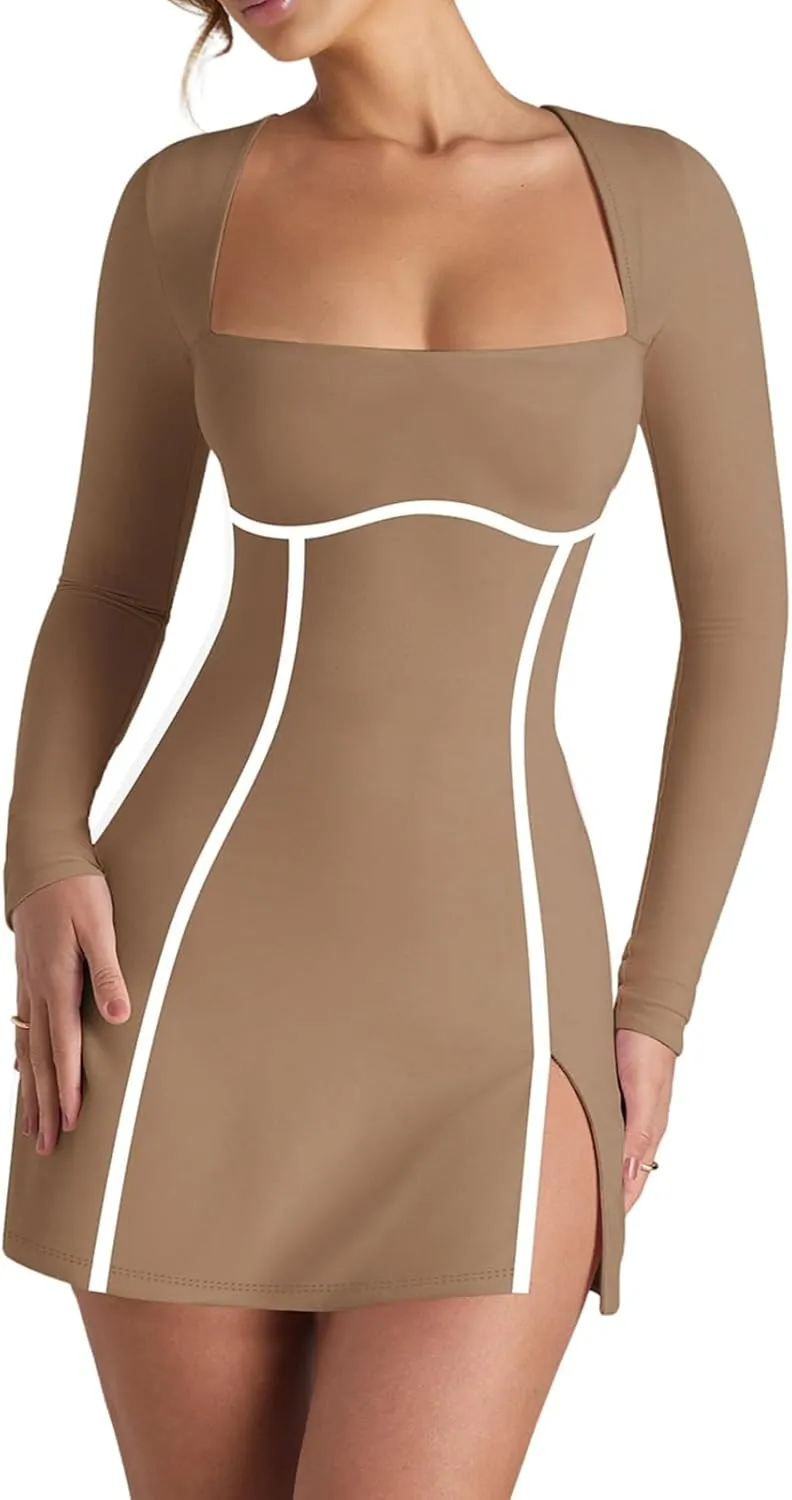 HESUUIO Women's Sexy Long Sleeve Mini Dress Square Neck Bodycon Side Slit A Line Party Club Short Dresses