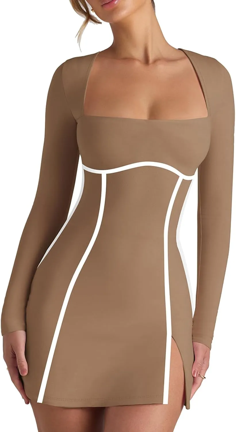 HESUUIO Women's Sexy Long Sleeve Mini Dress Square Neck Bodycon Side Slit A Line Party Club Short Dresses