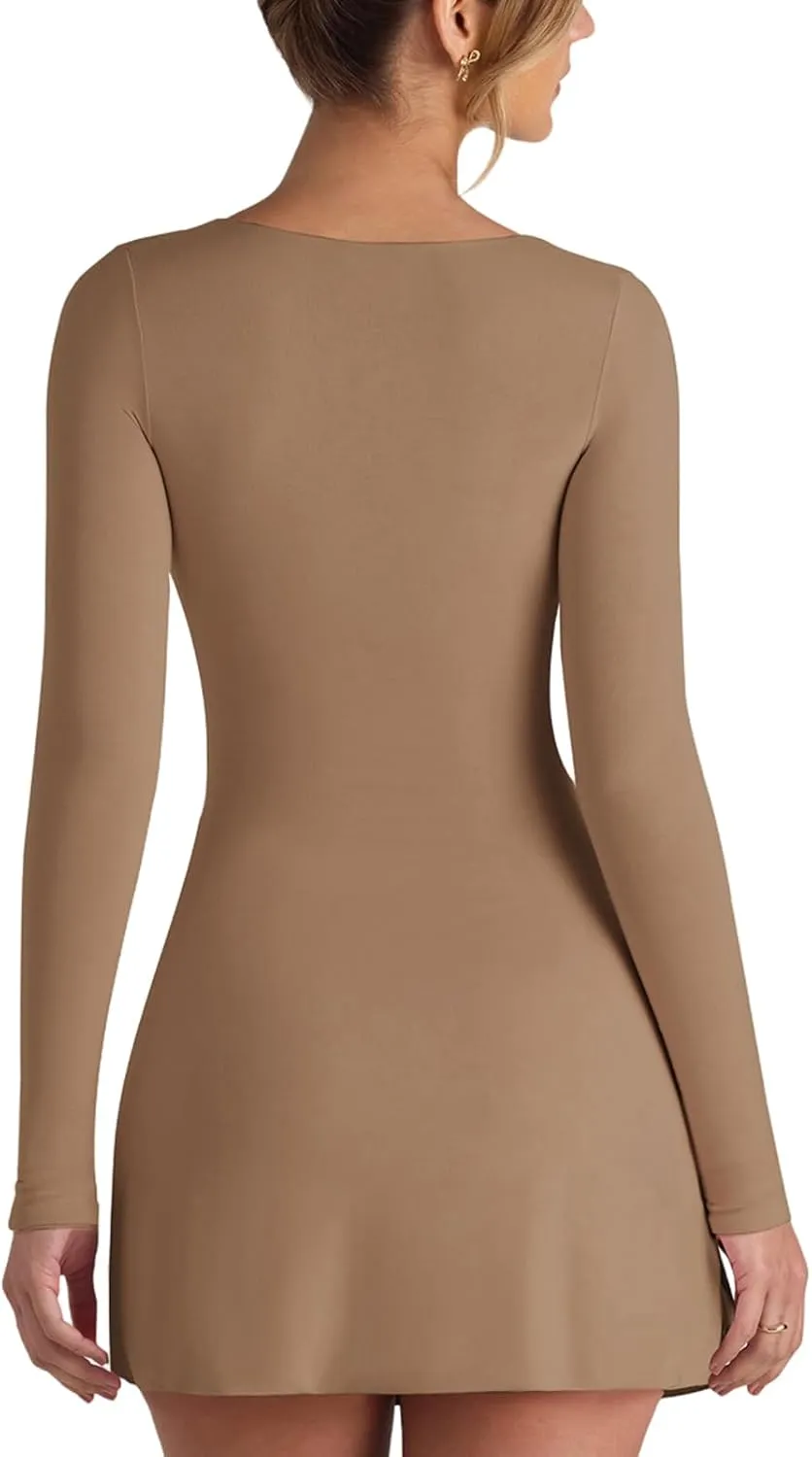 HESUUIO Women's Sexy Long Sleeve Mini Dress Square Neck Bodycon Side Slit A Line Party Club Short Dresses