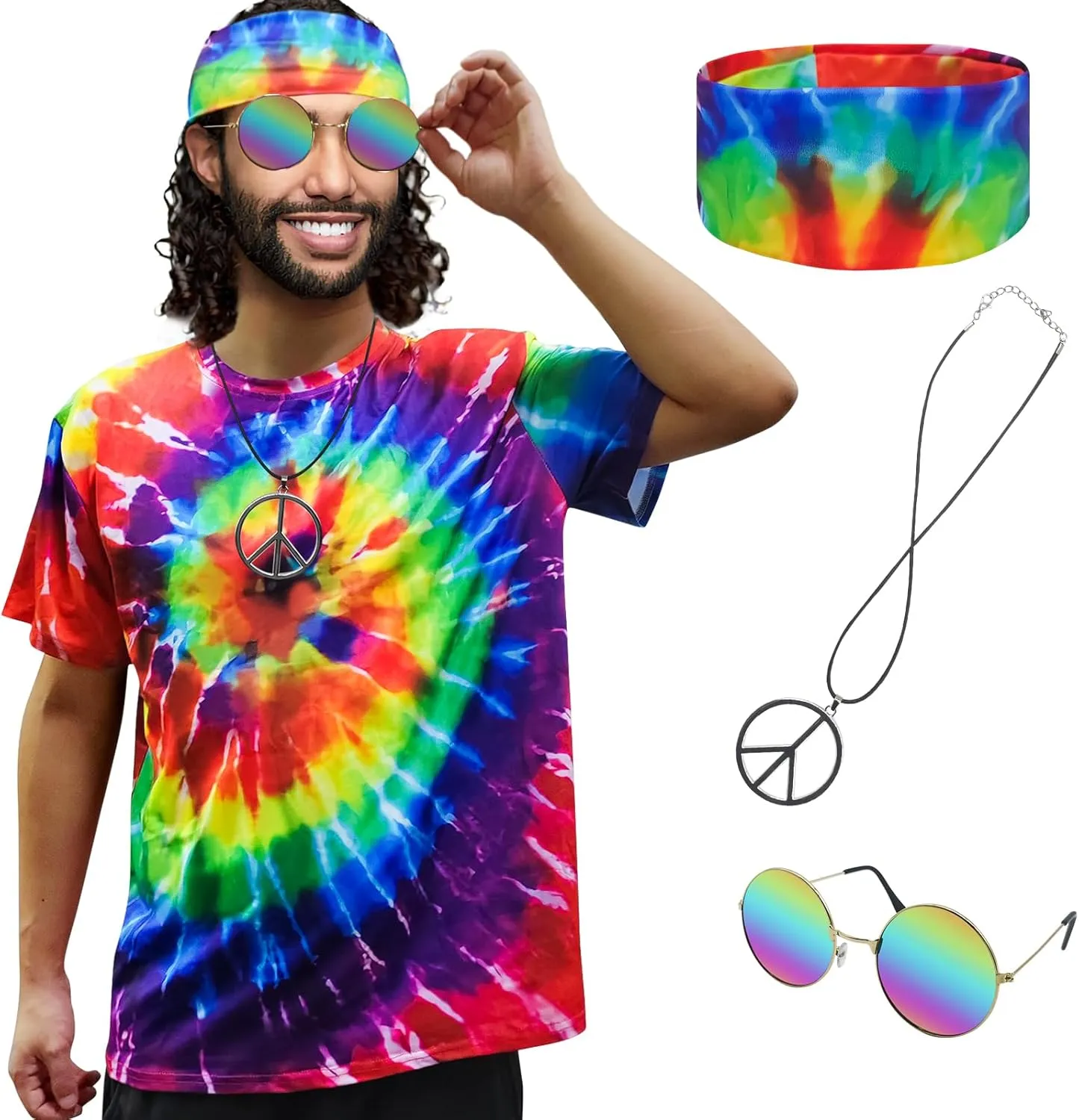 Hippie Costume for Men Women 60s and 70s colorful T-shirt sunglasses headband Peace necklace 4-piece theme party