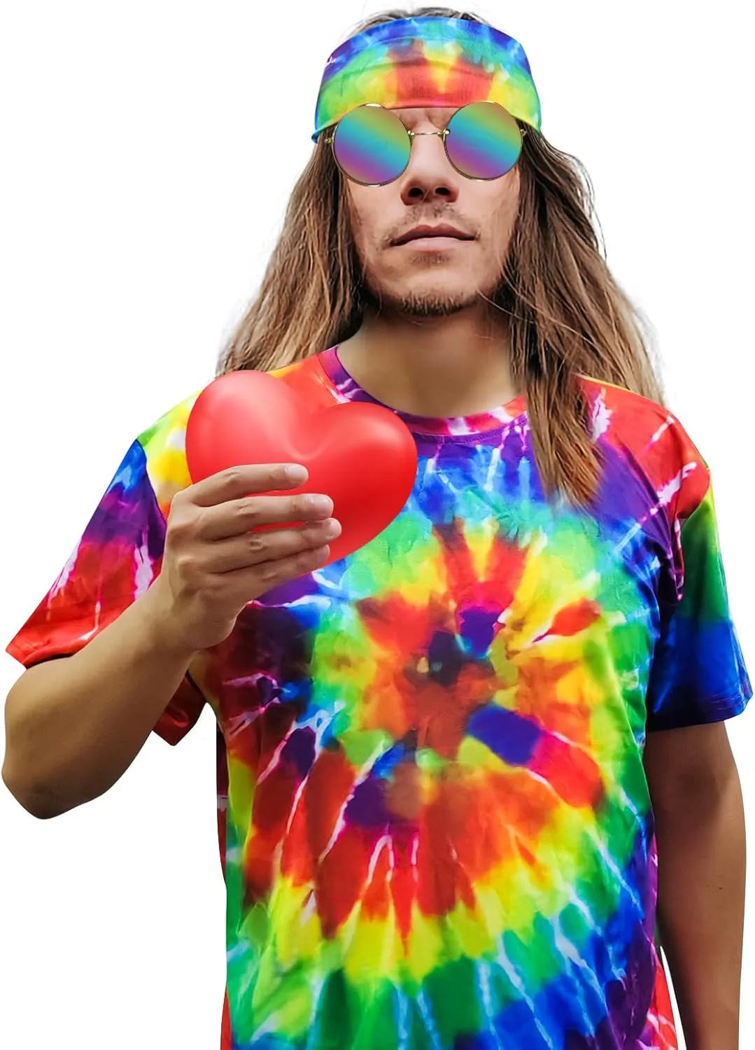 Hippie Costume for Men Women 60s and 70s colorful T-shirt sunglasses headband Peace necklace 4-piece theme party