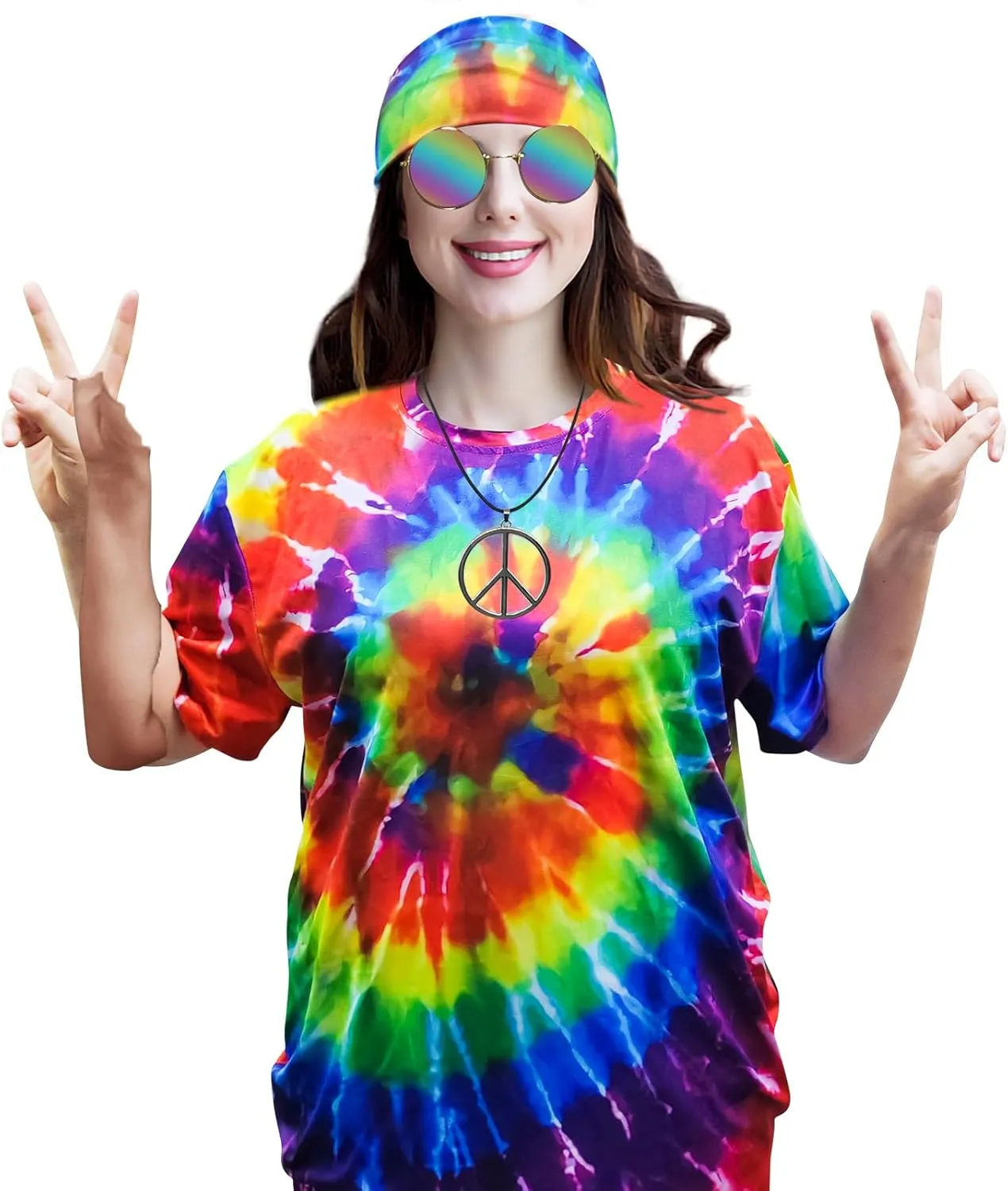 Hippie Costume for Men Women 60s and 70s colorful T-shirt sunglasses headband Peace necklace 4-piece theme party