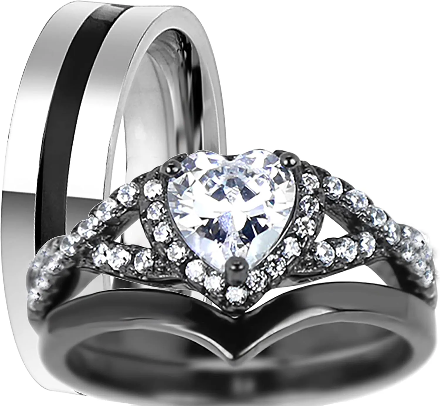 His and Her Black Wedding Ring Set Matching Couples Rings for Women and Men Him Her