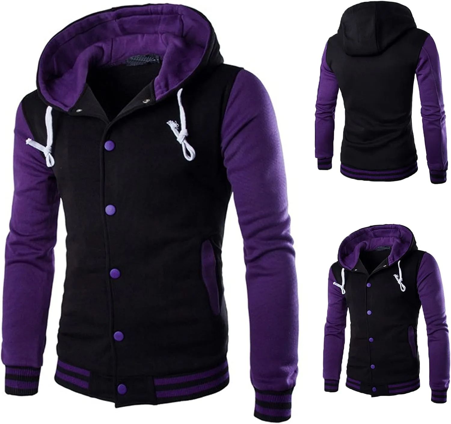 Hooded Varsity Jacket Men,Contrast Color Patchwork Baseball Jacket Button Slim Casual Sports Sweatshirts with Pocket