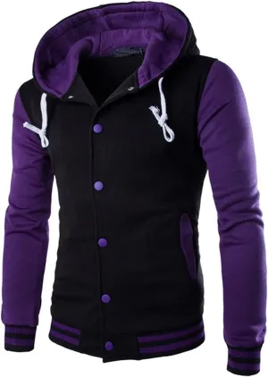 Hooded Varsity Jacket Men,Contrast Color Patchwork Baseball Jacket Button Slim Casual Sports Sweatshirts with Pocket