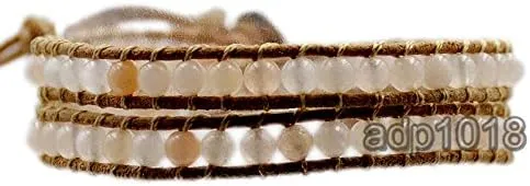 Hot Hand Made Natural Gemstones Beads Genuine Leather Wrap Bracelet (2 Wraps, Pink Aventurine)