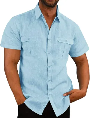 HUANLE Mens Casual Solid Double Pocket Short Sleeve Shirts Linen Button Turn-Down Tees Spread Lapel Collar Plain Shirts