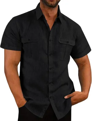 HUANLE Mens Casual Solid Double Pocket Short Sleeve Shirts Linen Button Turn-Down Tees Spread Lapel Collar Plain Shirts