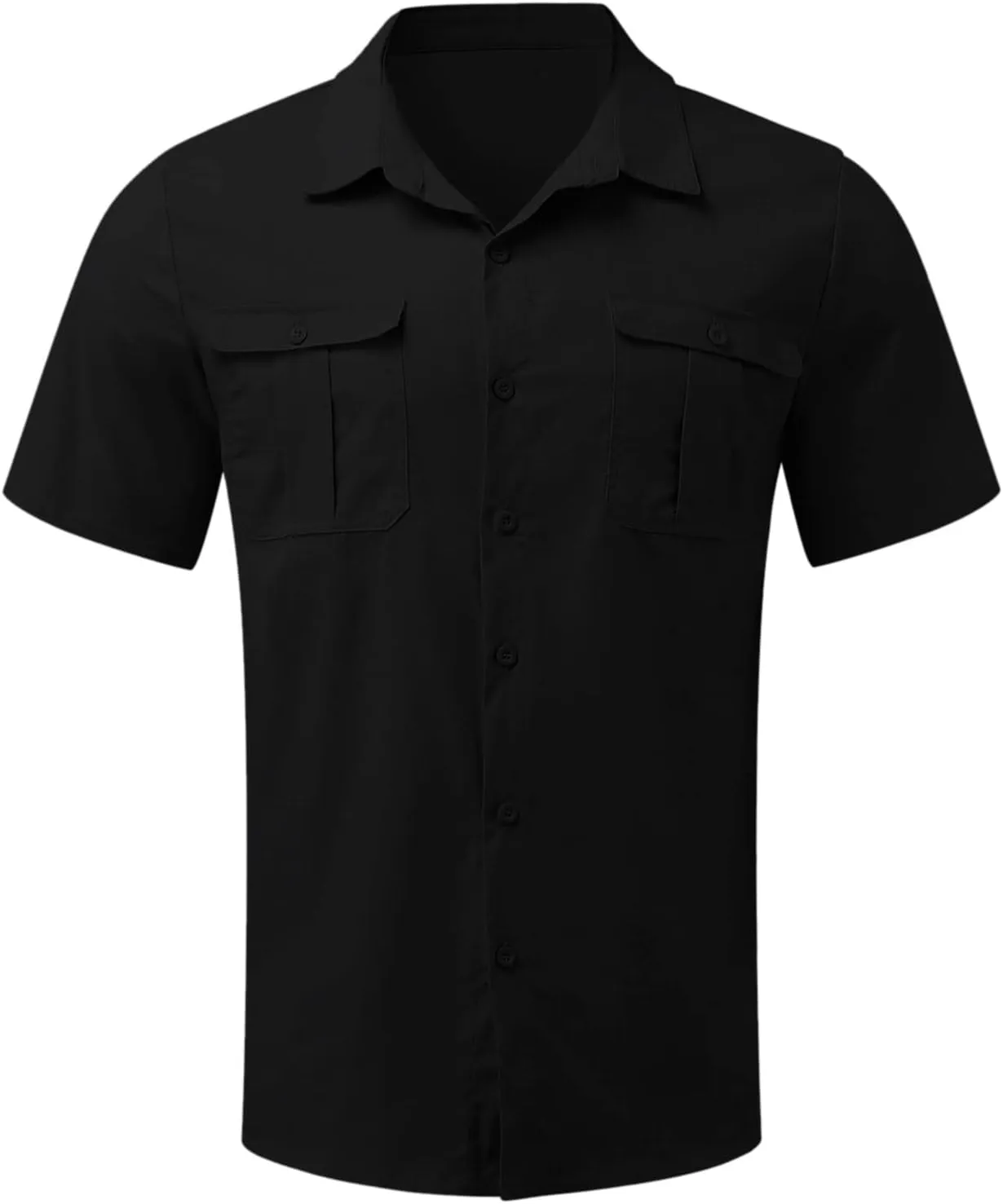 HUANLE Mens Casual Solid Double Pocket Short Sleeve Shirts Linen Button Turn-Down Tees Spread Lapel Collar Plain Shirts