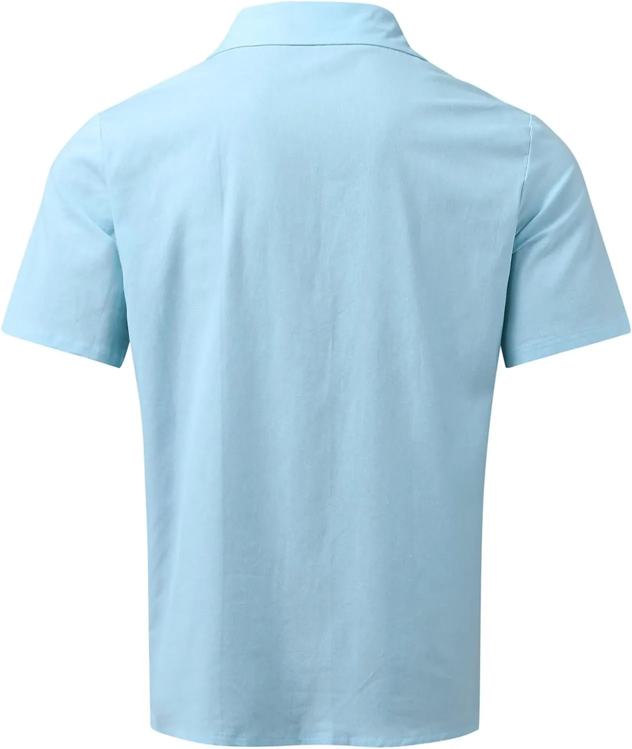 HUANLE Mens Casual Solid Double Pocket Short Sleeve Shirts Linen Button Turn-Down Tees Spread Lapel Collar Plain Shirts