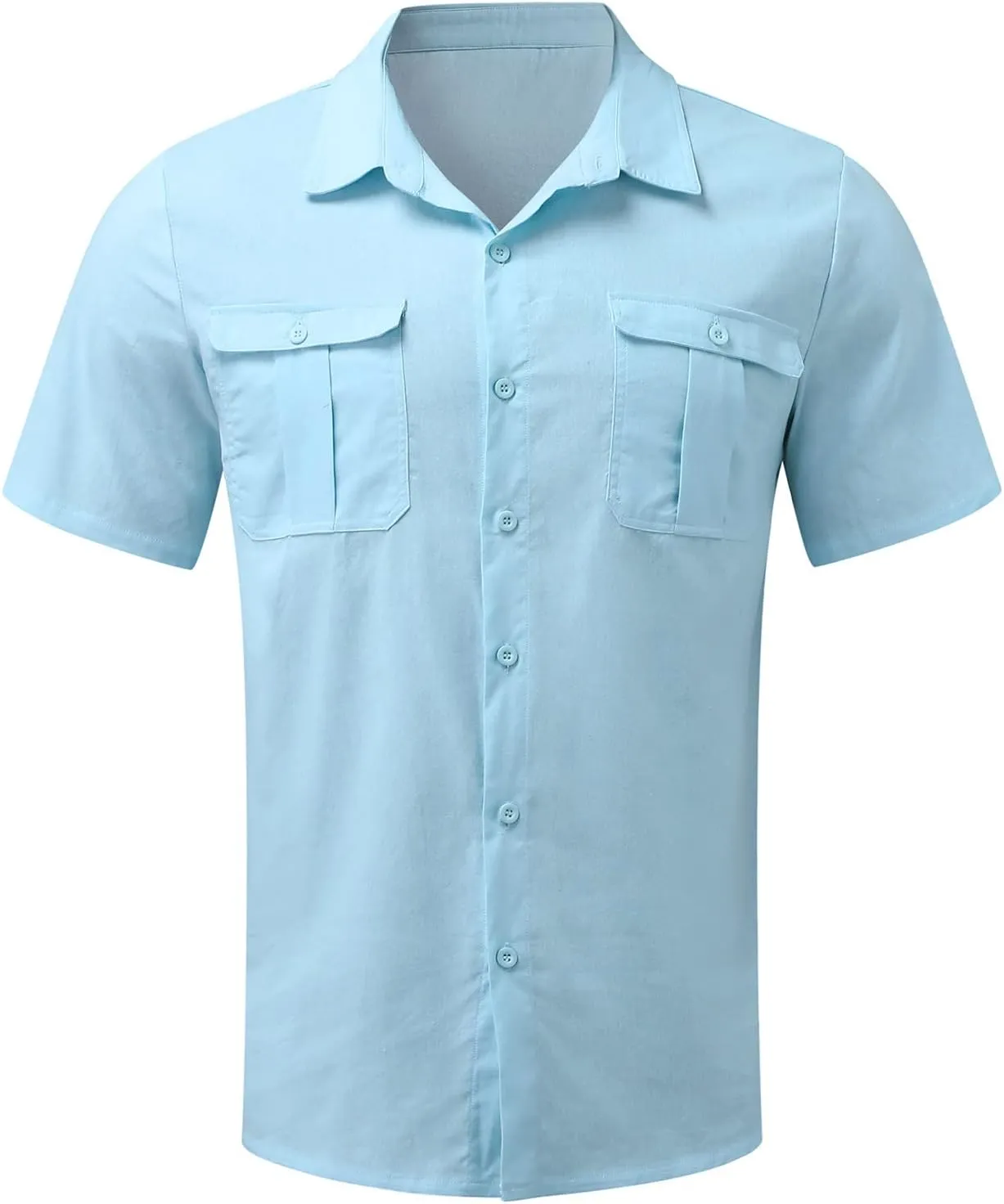 HUANLE Mens Casual Solid Double Pocket Short Sleeve Shirts Linen Button Turn-Down Tees Spread Lapel Collar Plain Shirts
