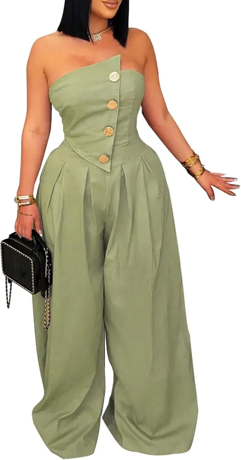 HuiSiFang Women's Sexy Tube Top Strapless Jumpsuits Casual Button High Waist Loose Wide Leg Jumpsuits Romper Streetwear