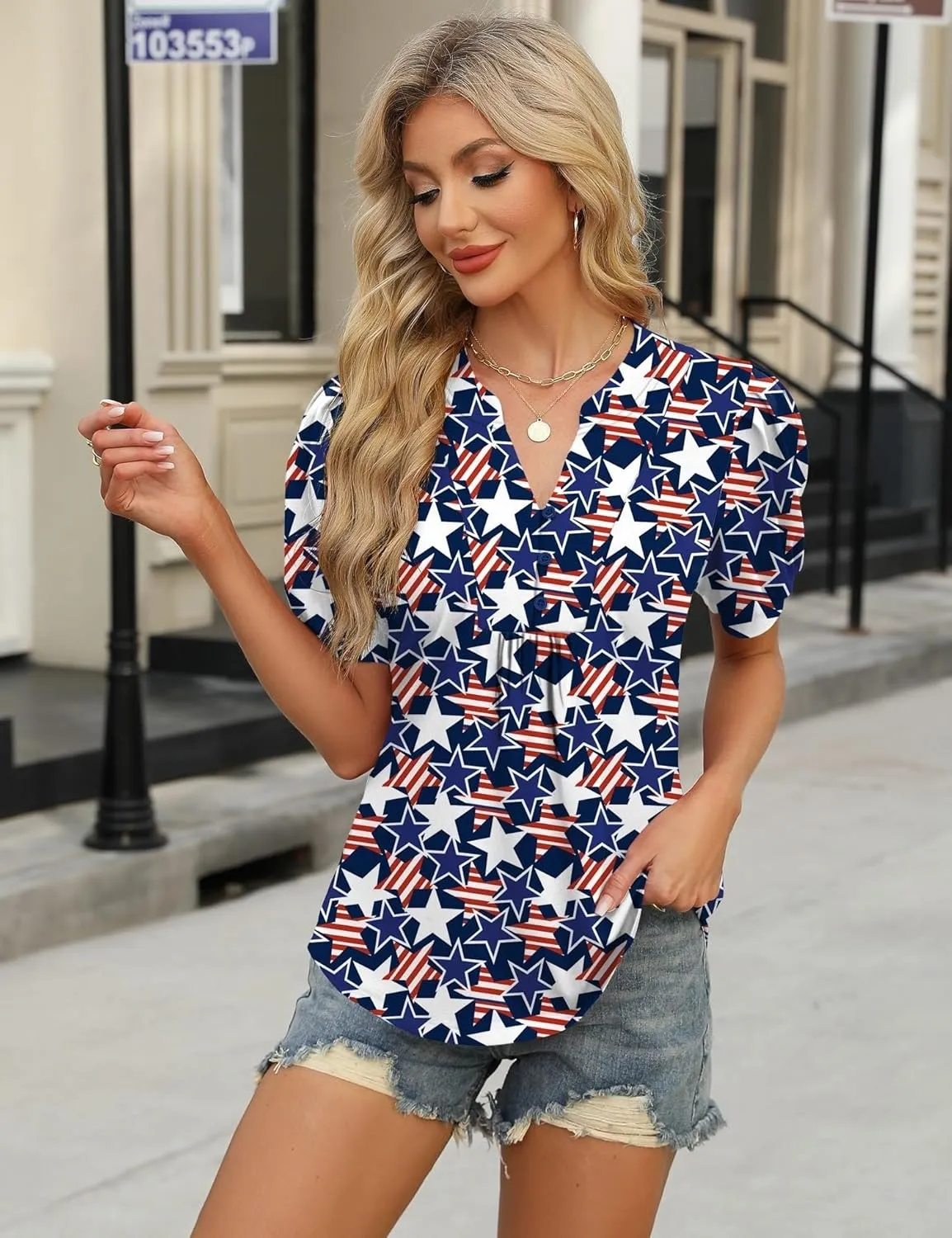 IECCP Womens Tops Puff Short Sleeve Shirts Dressy Casual Henley V-Neck Summer Tops Pleated T-Shirts Loose Fit Tunic Blouses