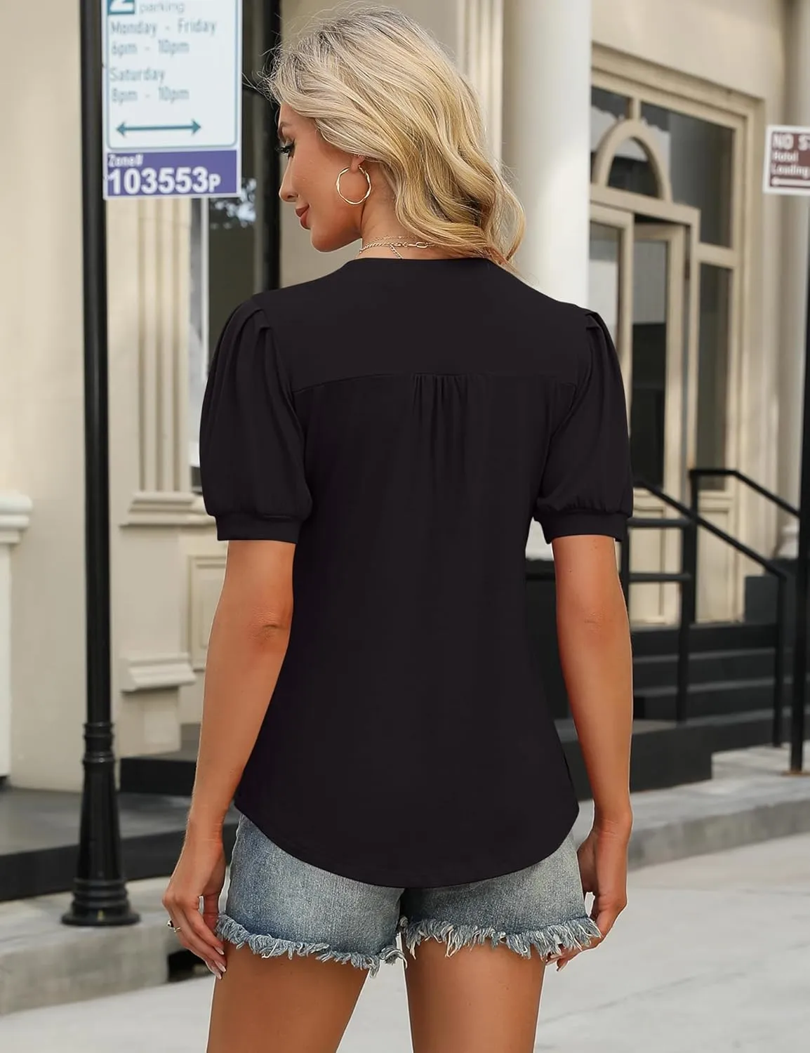 IECCP Womens Tops Puff Short Sleeve Shirts Dressy Casual Henley V-Neck Summer Tops Pleated T-Shirts Loose Fit Tunic Blouses