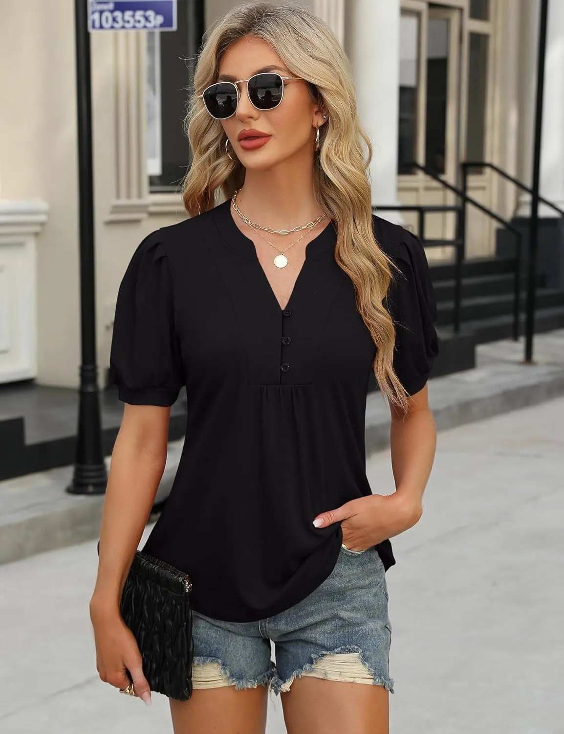 IECCP Womens Tops Puff Short Sleeve Shirts Dressy Casual Henley V-Neck Summer Tops Pleated T-Shirts Loose Fit Tunic Blouses