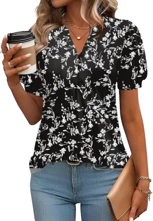 IECCP Womens Tops Puff Short Sleeve Shirts Dressy Casual Henley V-Neck Summer Tops Pleated T-Shirts Loose Fit Tunic Blouses