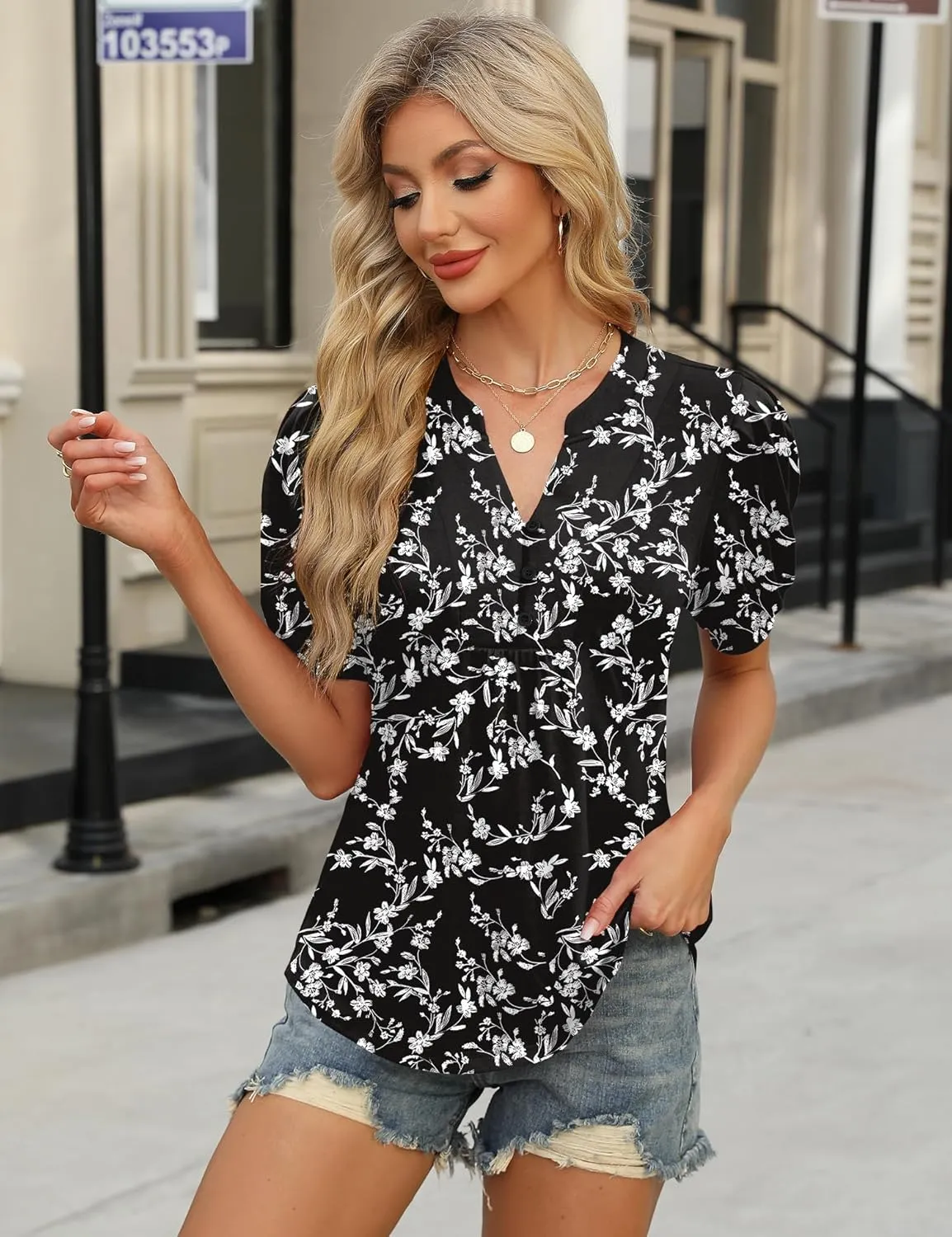 IECCP Womens Tops Puff Short Sleeve Shirts Dressy Casual Henley V-Neck Summer Tops Pleated T-Shirts Loose Fit Tunic Blouses