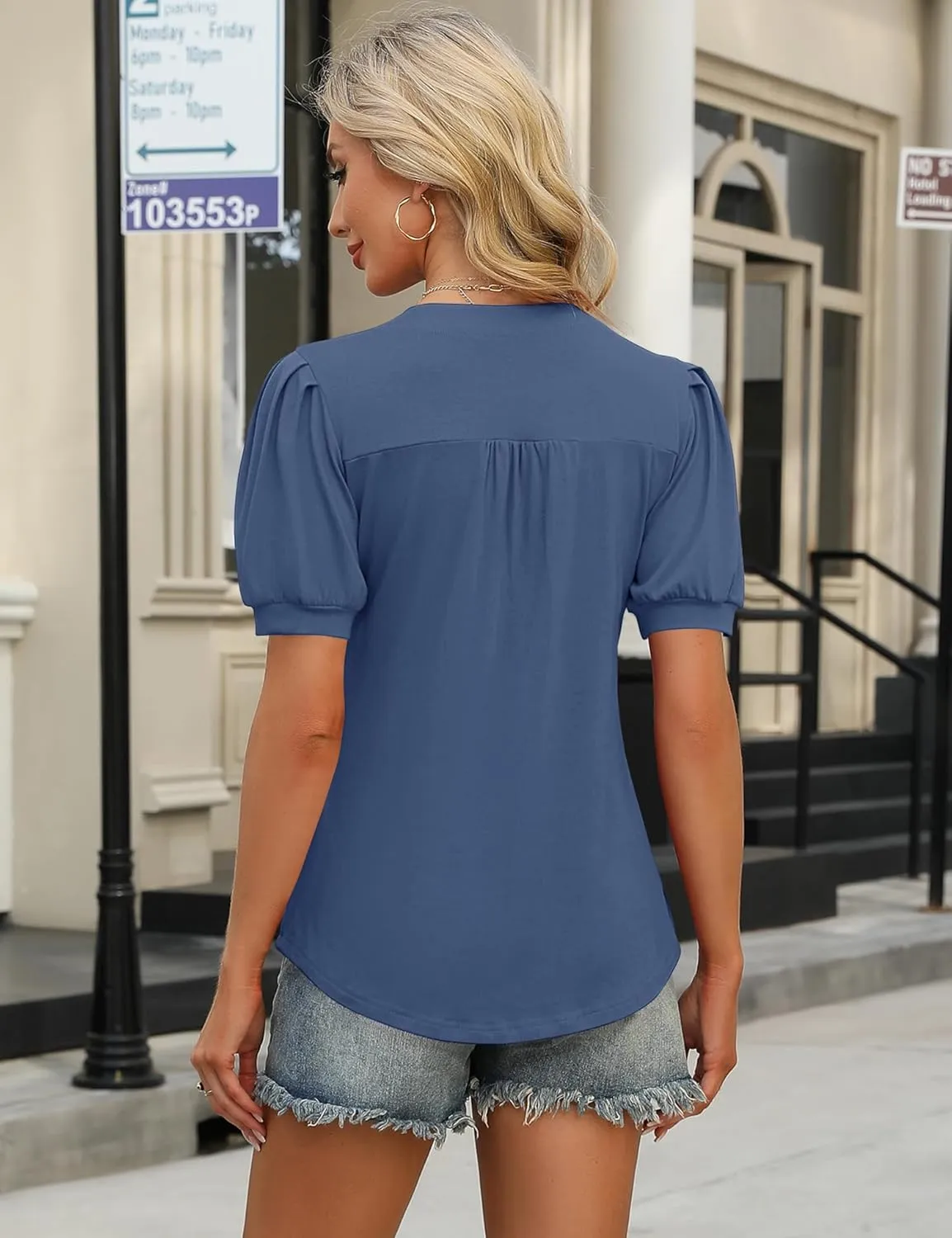 IECCP Womens Tops Puff Short Sleeve Shirts Dressy Casual Henley V-Neck Summer Tops Pleated T-Shirts Loose Fit Tunic Blouses