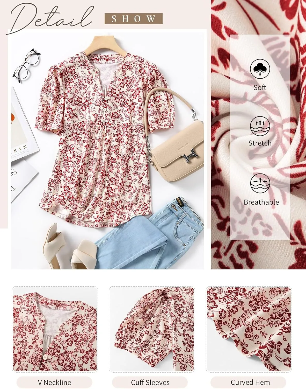IECCP Womens Tops Puff Short Sleeve Shirts Dressy Casual Henley V-Neck Summer Tops Pleated T-Shirts Loose Fit Tunic Blouses