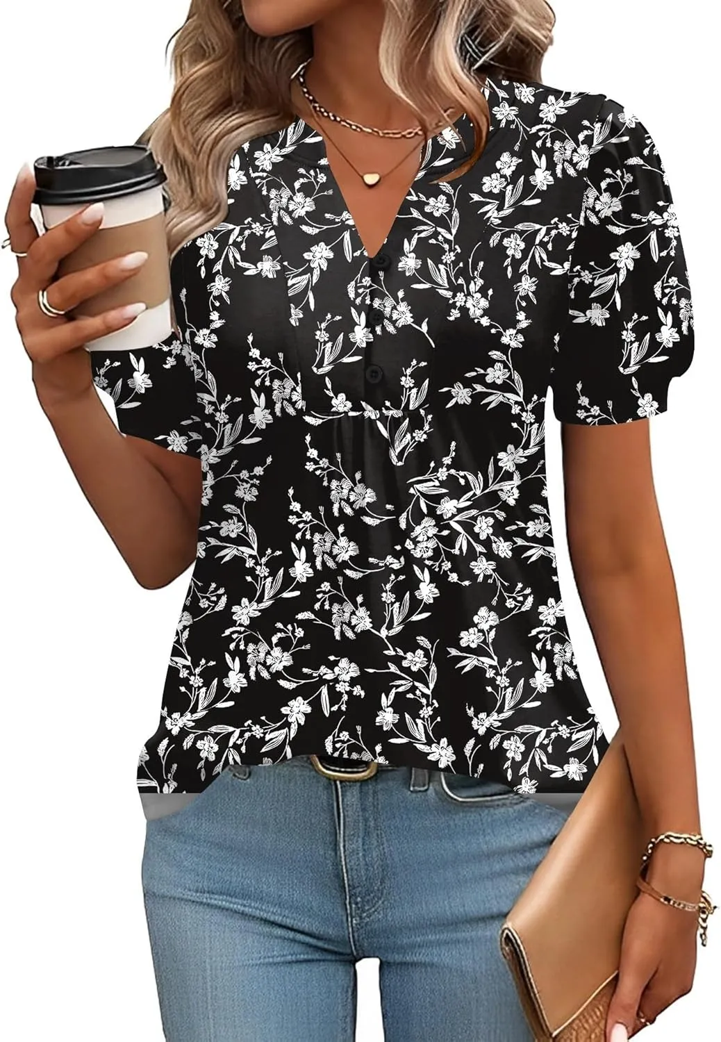 IECCP Womens Tops Puff Short Sleeve Shirts Dressy Casual Henley V-Neck Summer Tops Pleated T-Shirts Loose Fit Tunic Blouses