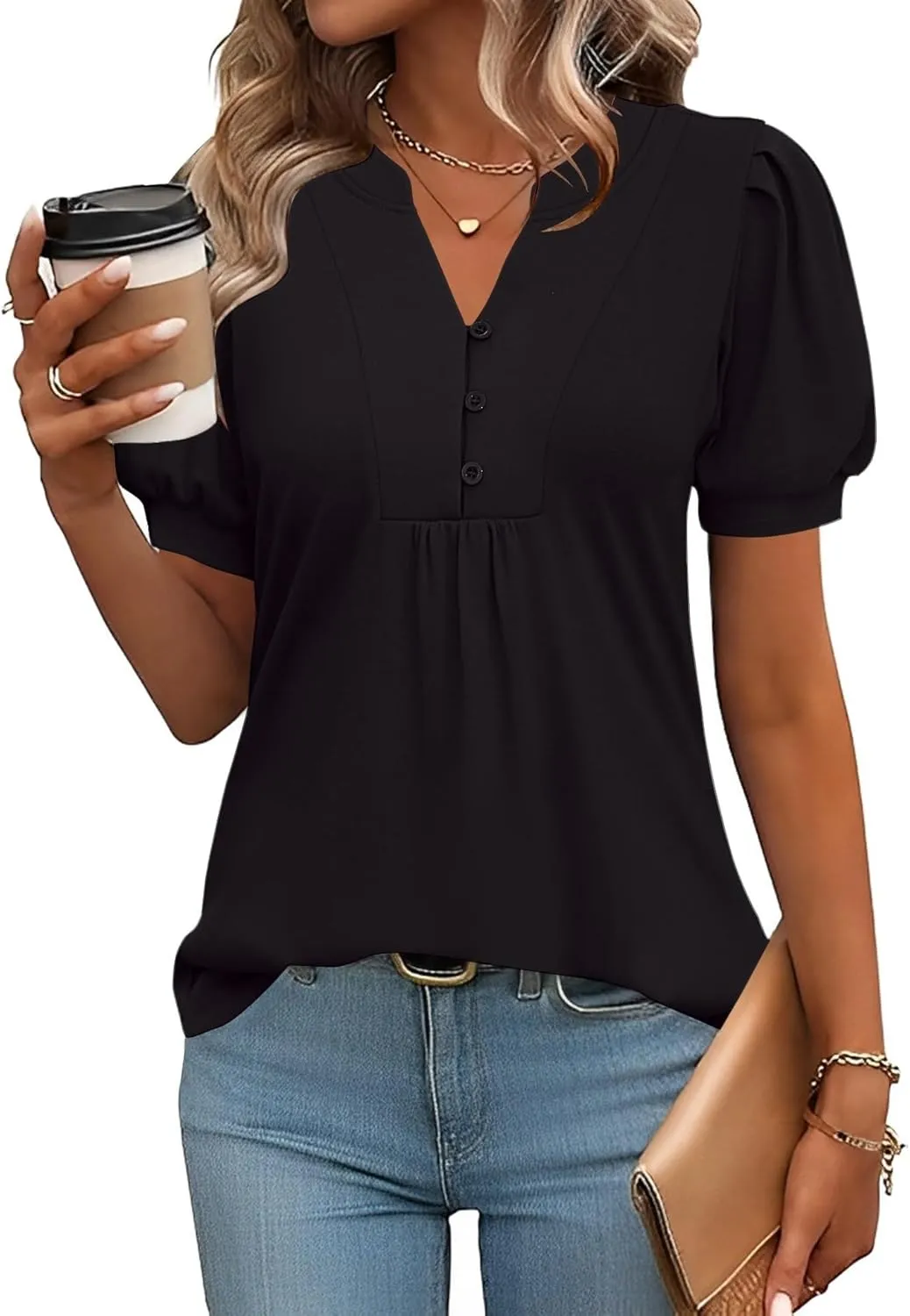 IECCP Womens Tops Puff Short Sleeve Shirts Dressy Casual Henley V-Neck Summer Tops Pleated T-Shirts Loose Fit Tunic Blouses