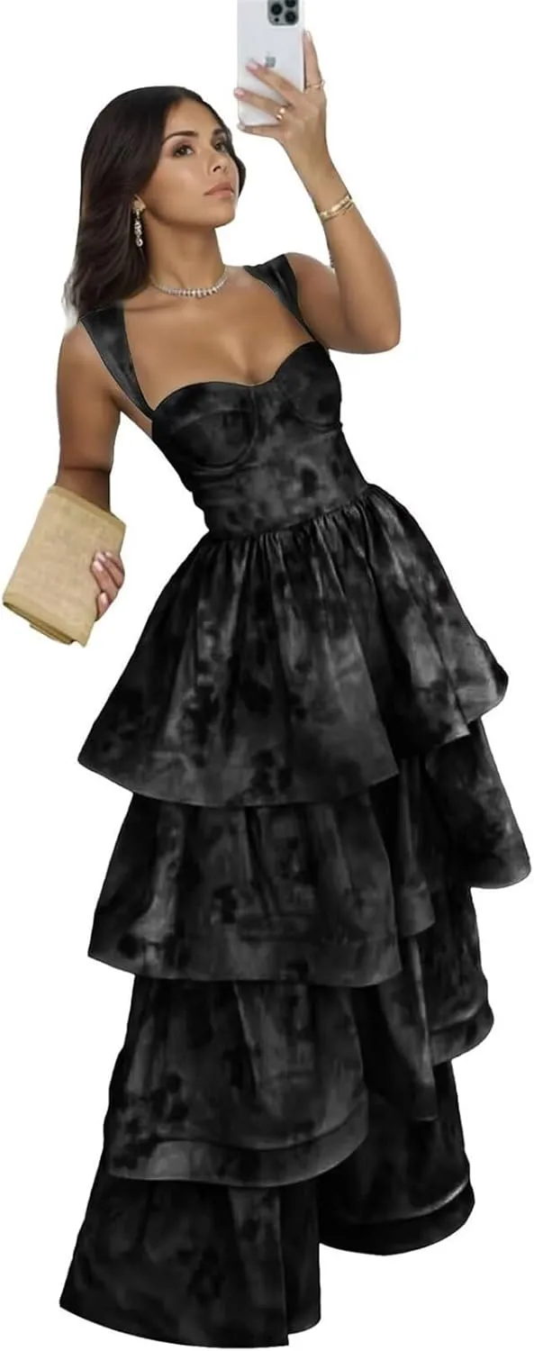 Jacquard Floral Tiered Prom Dresses Sweetheart Corset Ruffle Satin Formal Evening Gowns