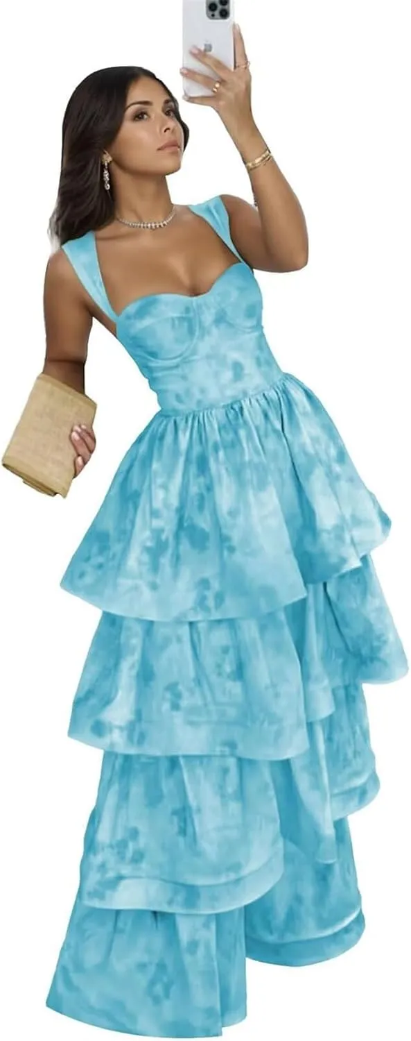 Jacquard Floral Tiered Prom Dresses Sweetheart Corset Ruffle Satin Formal Evening Gowns