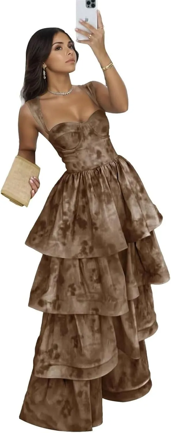 Jacquard Floral Tiered Prom Dresses Sweetheart Corset Ruffle Satin Formal Evening Gowns