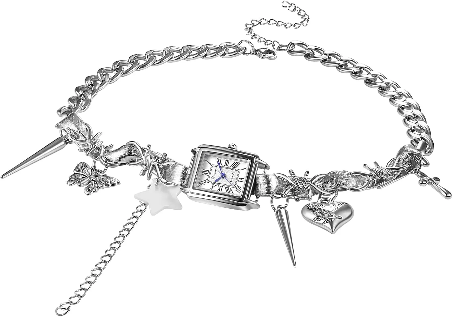 JewelryWe Necklace Watch for Women: Gothic Stainless Steel Pendant Chain Watches Novelty Quartz Pocket Watch